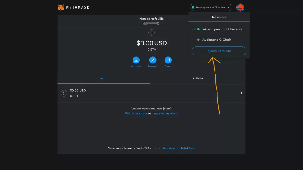 Capture d'écran "MetaMask Wallet add network"