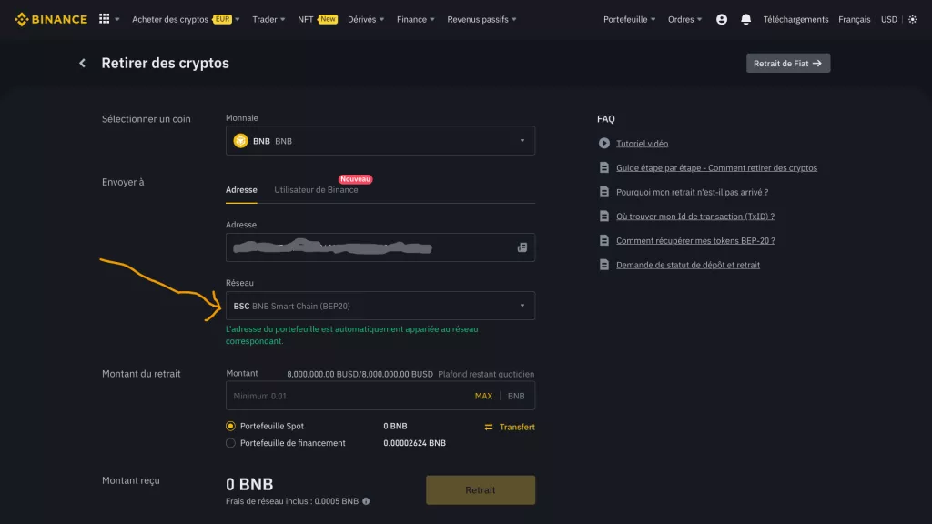 Capture d'écran "Retrait de BNB de Binance vers MetaMask avec le réseau BNB Chain"