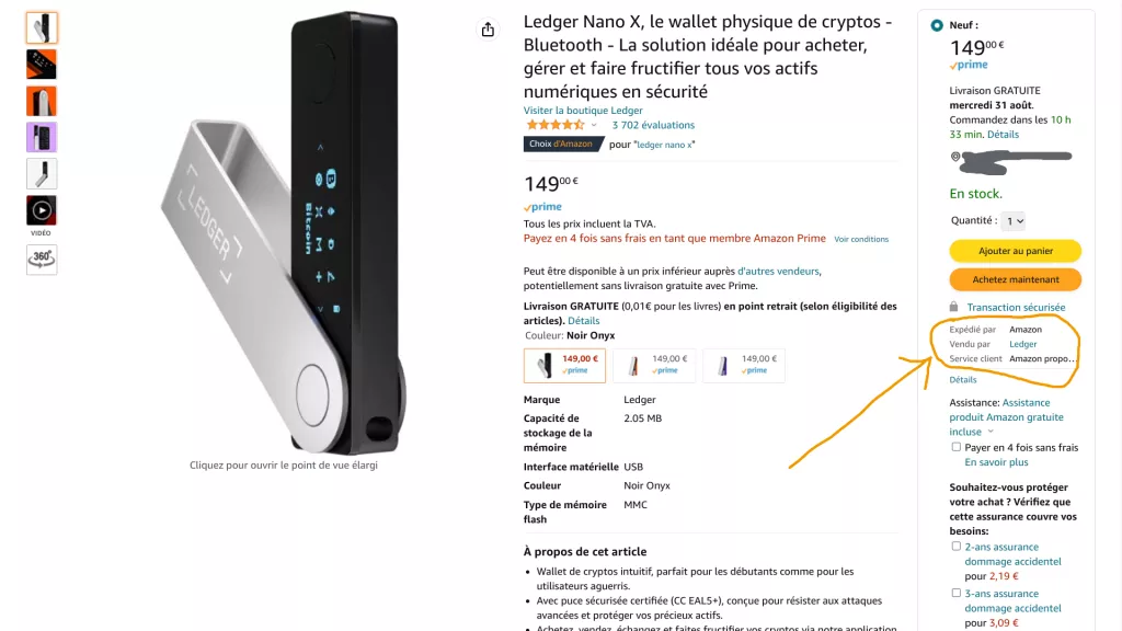 Capture d'écran "Ledger Nano X sur Amazon"