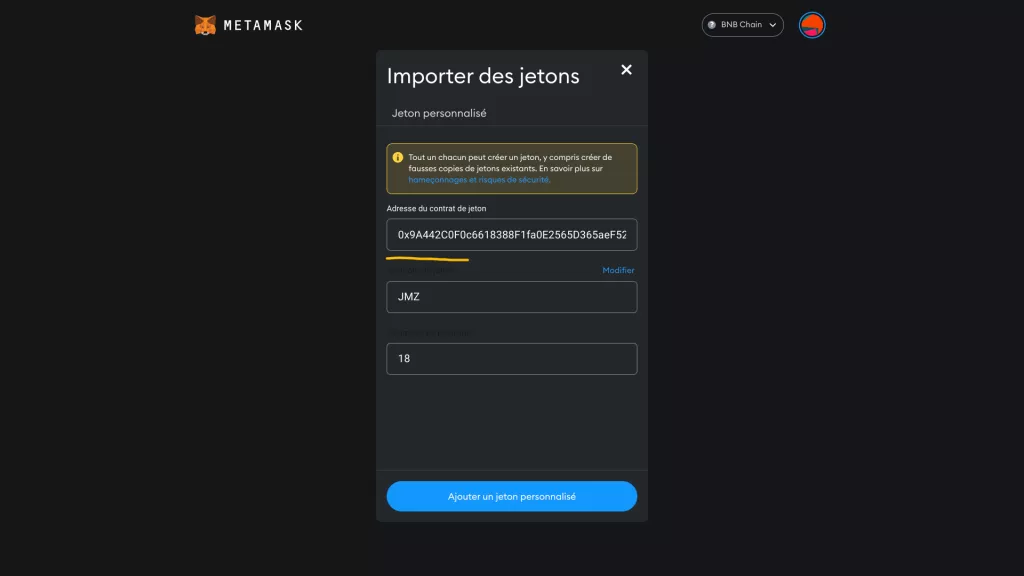 Capture d'écran "Saisir l'adresse du contrat du jeton à importer dans MetaMask"