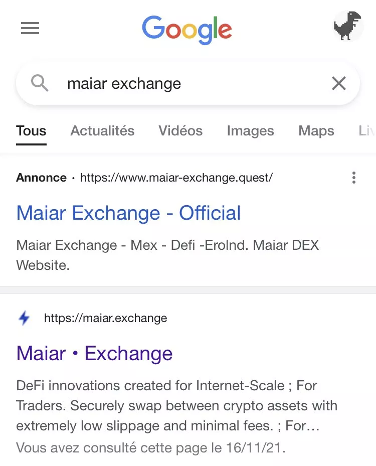 Exemple d'une arnaque sur Google