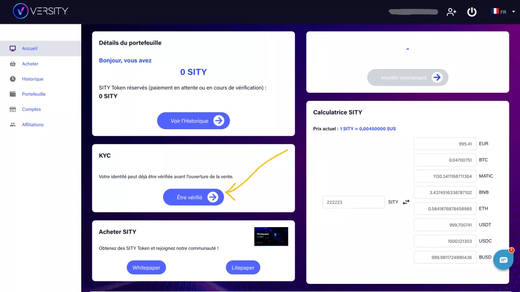 Capture d'écran "KYC Versity"