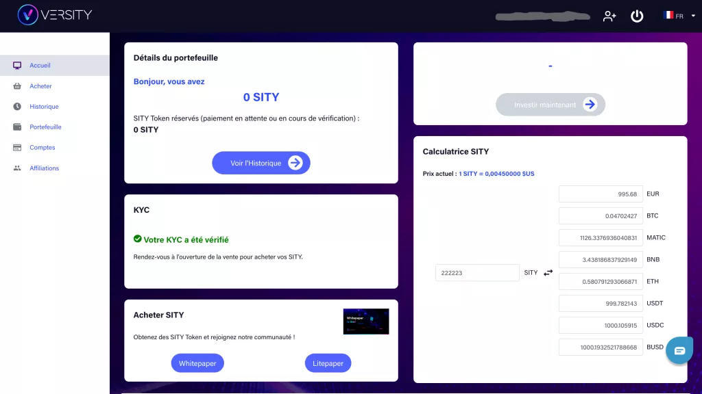 Capture d'écran "KYC Versity vérifié"