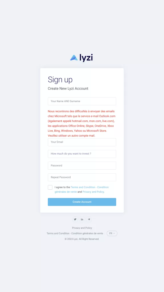 Formulaire d'inscription à l'ICO du projet Lyzi pour acheter la cryptomonnaie $LYZI