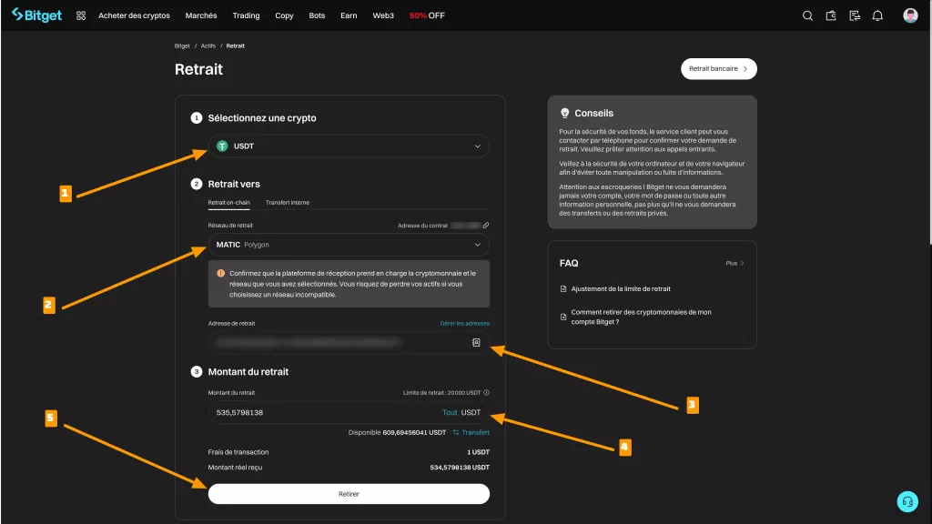 Retrait Bitget vers Summit